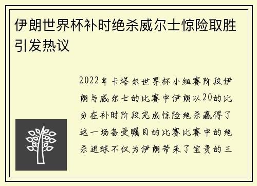 伊朗世界杯补时绝杀威尔士惊险取胜引发热议